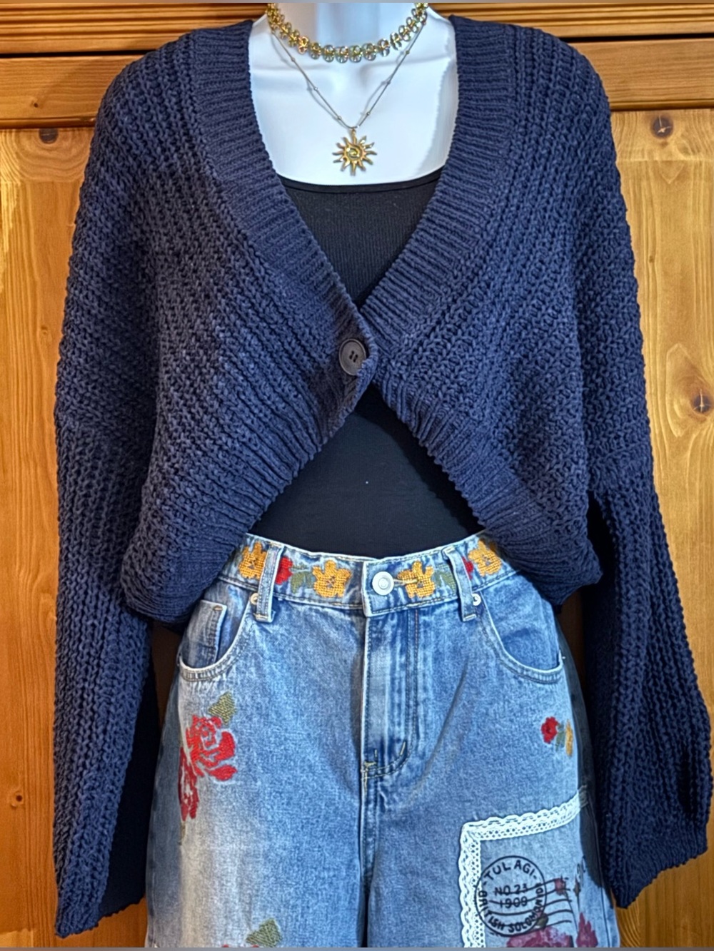 Cropped Navy Knit Button-Front Women's Sweater